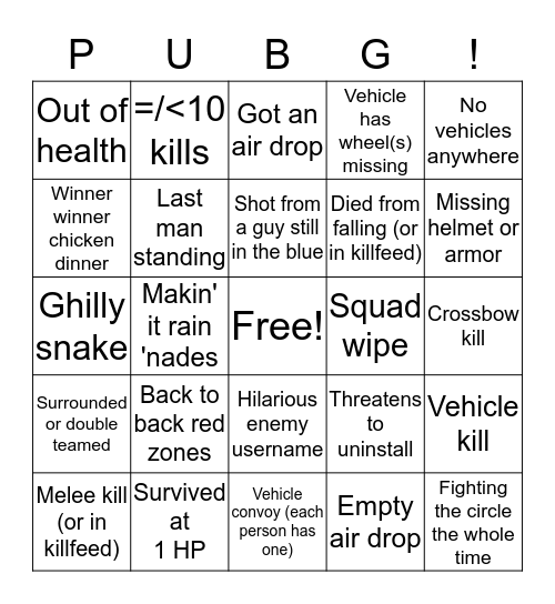 PUBG Spectating Bingo Card