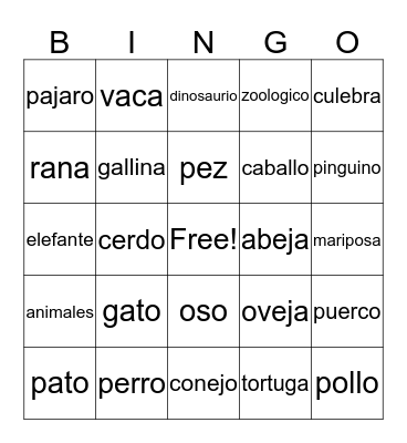 Spanish animals Bingo Card