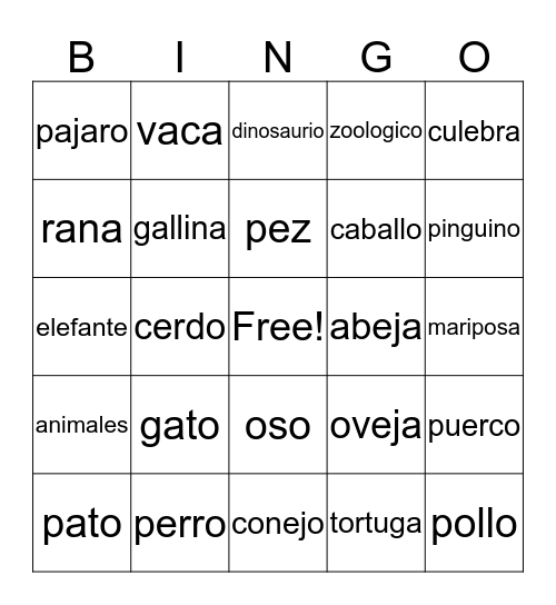 Spanish animals Bingo Card