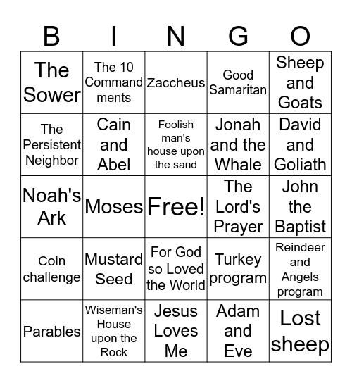 Junior Church Bingo Card