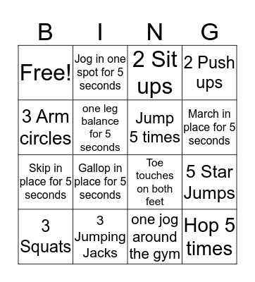 Fitness Bingo Card