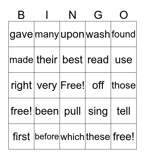 sight words Bingo Card