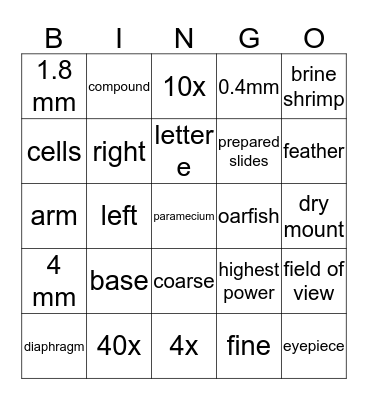Microscope Test Review Bingo Card