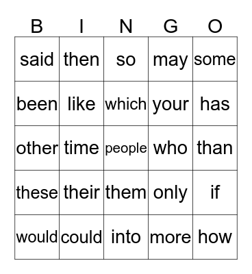 Zeno Sight Word Bingo Card