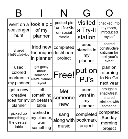 Slumber Party No-Go! Bingo Card