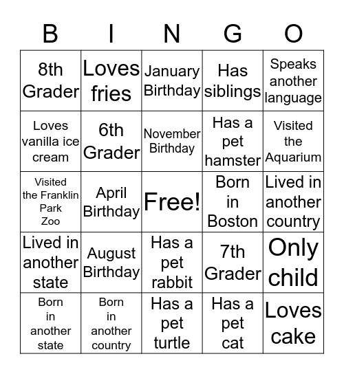 Classmate Bingo Card