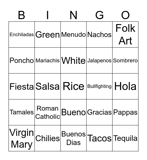 Cinco De Mayo Bingo Card