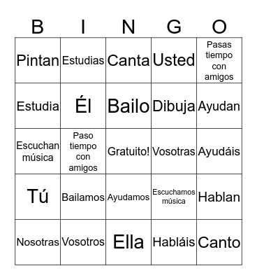 AR Verbs Bingo Card