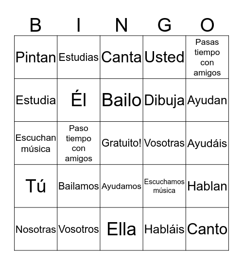 AR Verbs Bingo Card