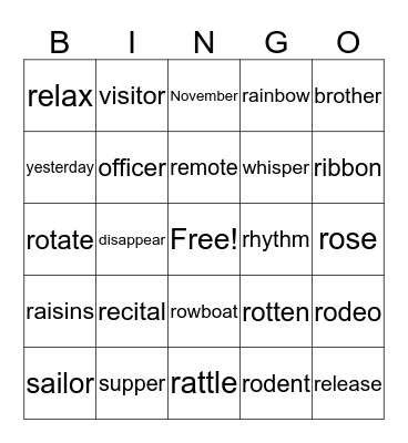 /R/ Vocabulary Bingo Card