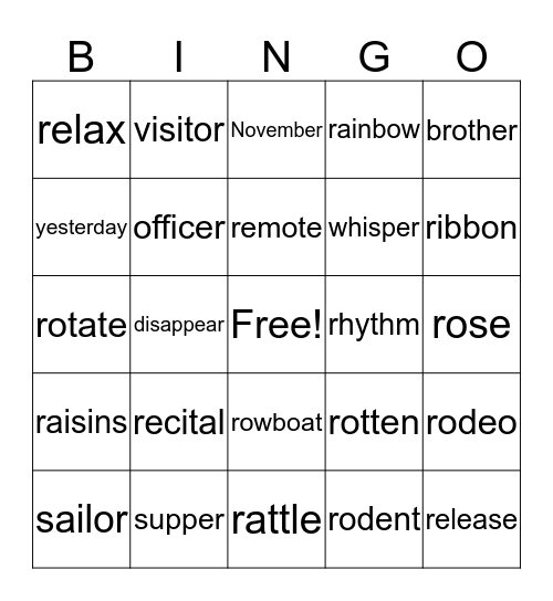 /R/ Vocabulary Bingo Card