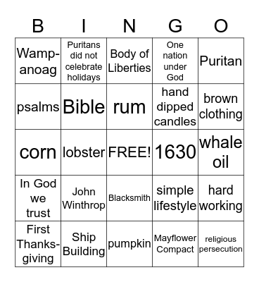 The Massachusetts Bay Colony Bingo Card