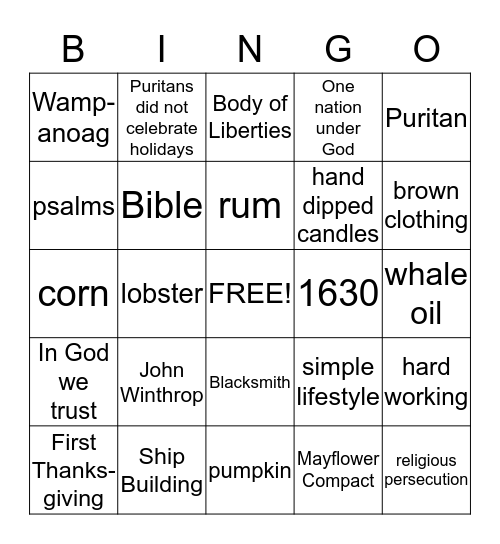 The Massachusetts Bay Colony Bingo Card