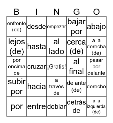 Las Direcciones -Giving Directions Bingo Card