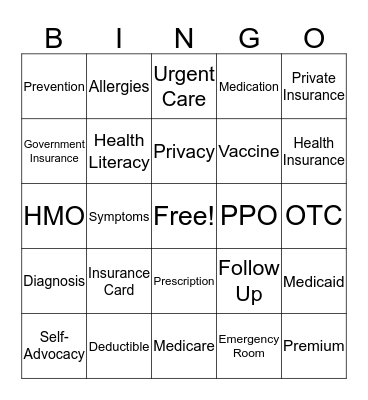 Health Literacy  Bingo Card