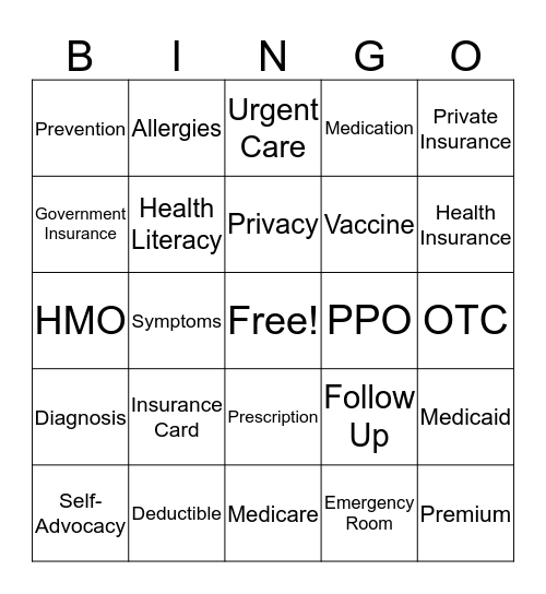 Health Literacy  Bingo Card