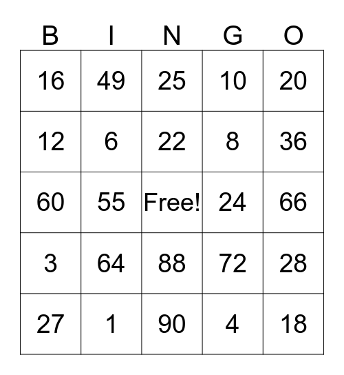 Multiplication Bingo Card