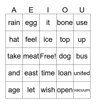 Vowels Bingo Card