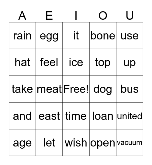 Vowels Bingo Card