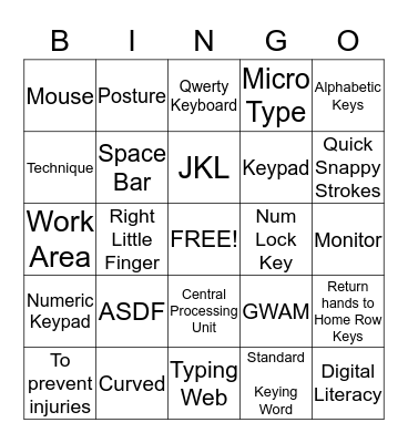 Computer Keyboarding Bingo Card