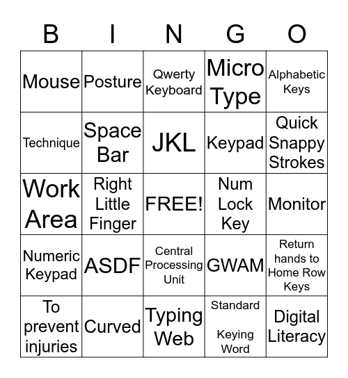Computer Keyboarding Bingo Card