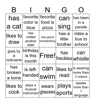 Find A Friend Bingo Card