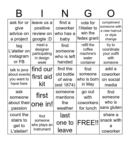 L'Atelier BINGO! Bingo Card