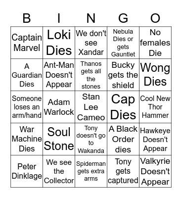 Infinity War Bingo Card