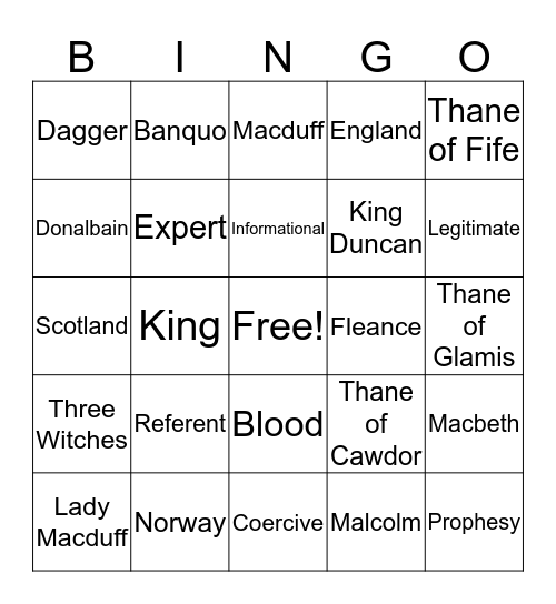Macbeth Bingo Card