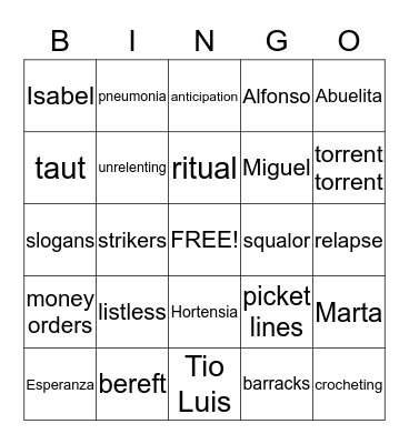 Esperanza Rising Bingo Card