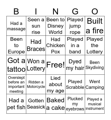 Never Have I Ever........... Bingo Card