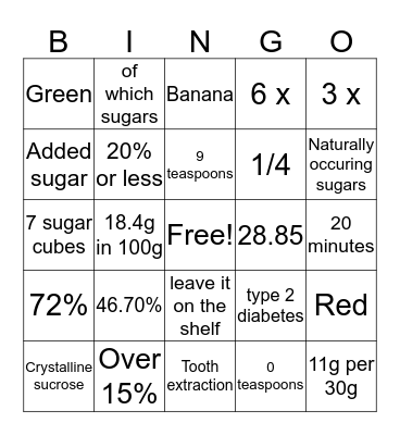 Sugar Smart Bingo Card