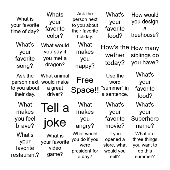 Conversation Bingo! Bingo Card