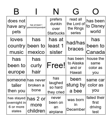 Friday Fun Bingo Card