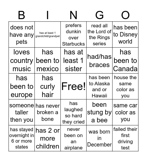 Friday Fun Bingo Card