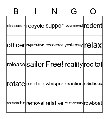 R Vocabulary Bingo Card