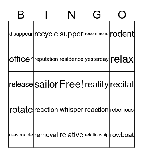 R Vocabulary Bingo Card