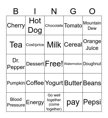 Food and Money Bingo Card