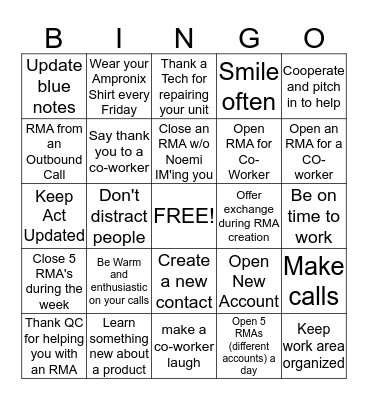 Customer Service Reps Bingo Card