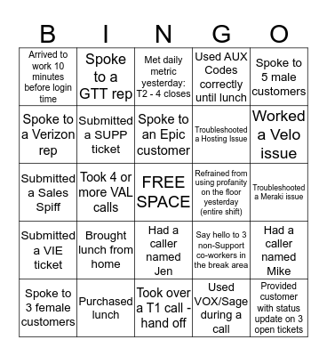 TIER 2 Bingo Card