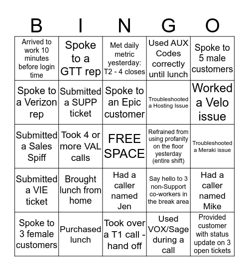 TIER 2 Bingo Card