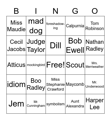 To Kill A Mockingbird by Harper Lee Bingo Card