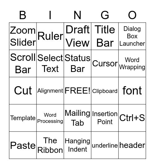 Microsoft Word Bingo Card