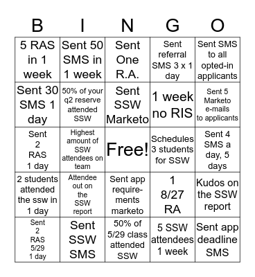 RA/ SSW/ SMS BINGO!  Bingo Card