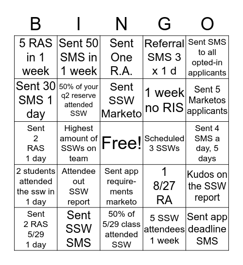RA/ SSW/ SMS BINGO!  Bingo Card