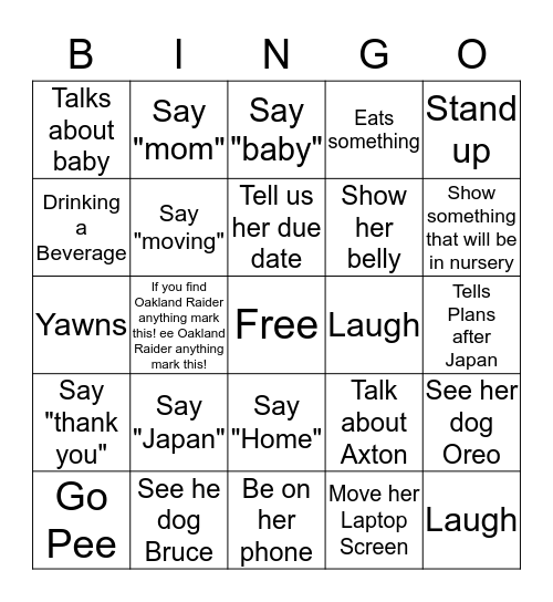 The things Cassie will do over Skype! Bingo Card