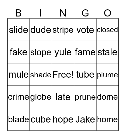 Vowel Consonant e Words Bingo Card