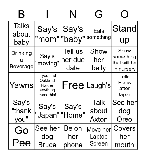 The things Cassie will do over Skype! Bingo Card