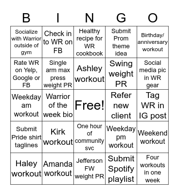 Warrior Room Bingo May 2018 Bingo Card