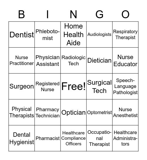 Careers in Healthcare Bingo Card